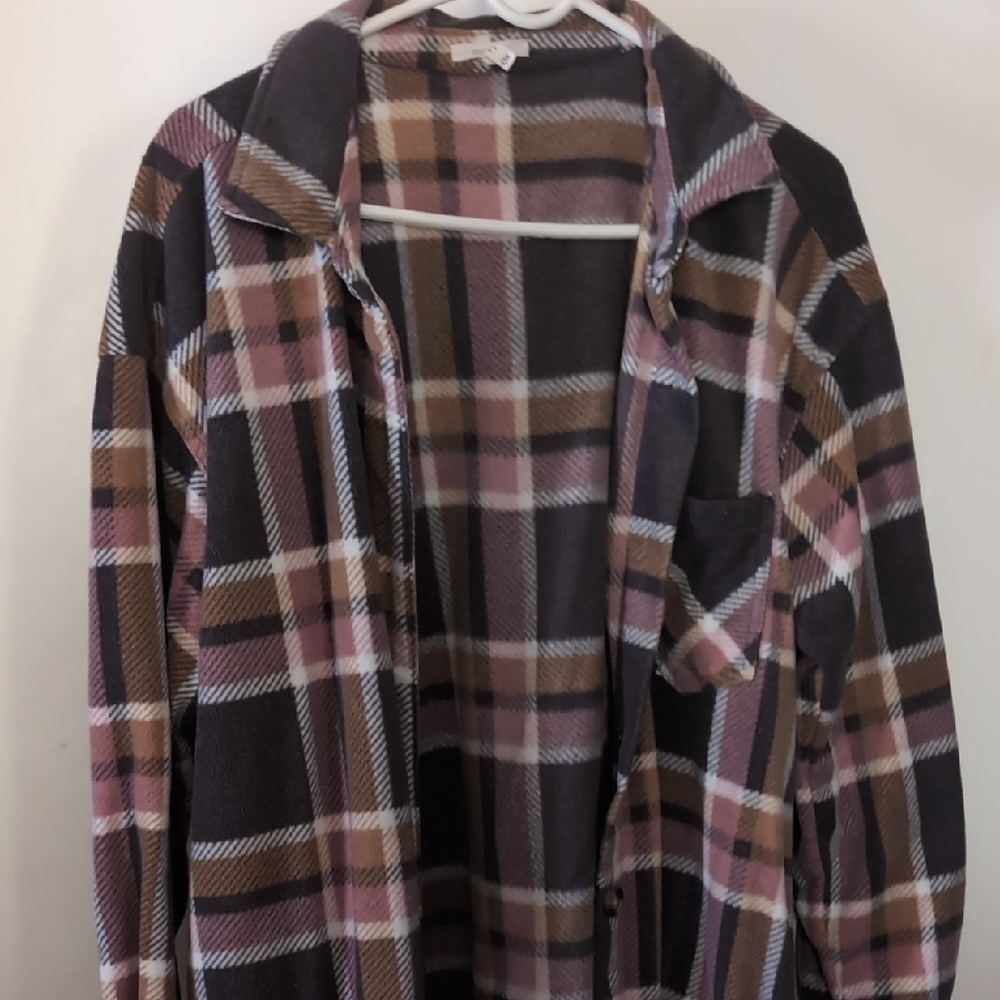 Maurices Flannel Plaid Button Down Shirt - Pink, Brown, and White